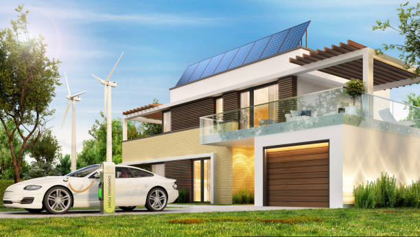 modern home with solar panels, wind turbines and electric car modern home with solar panels, wind turbines and electric car